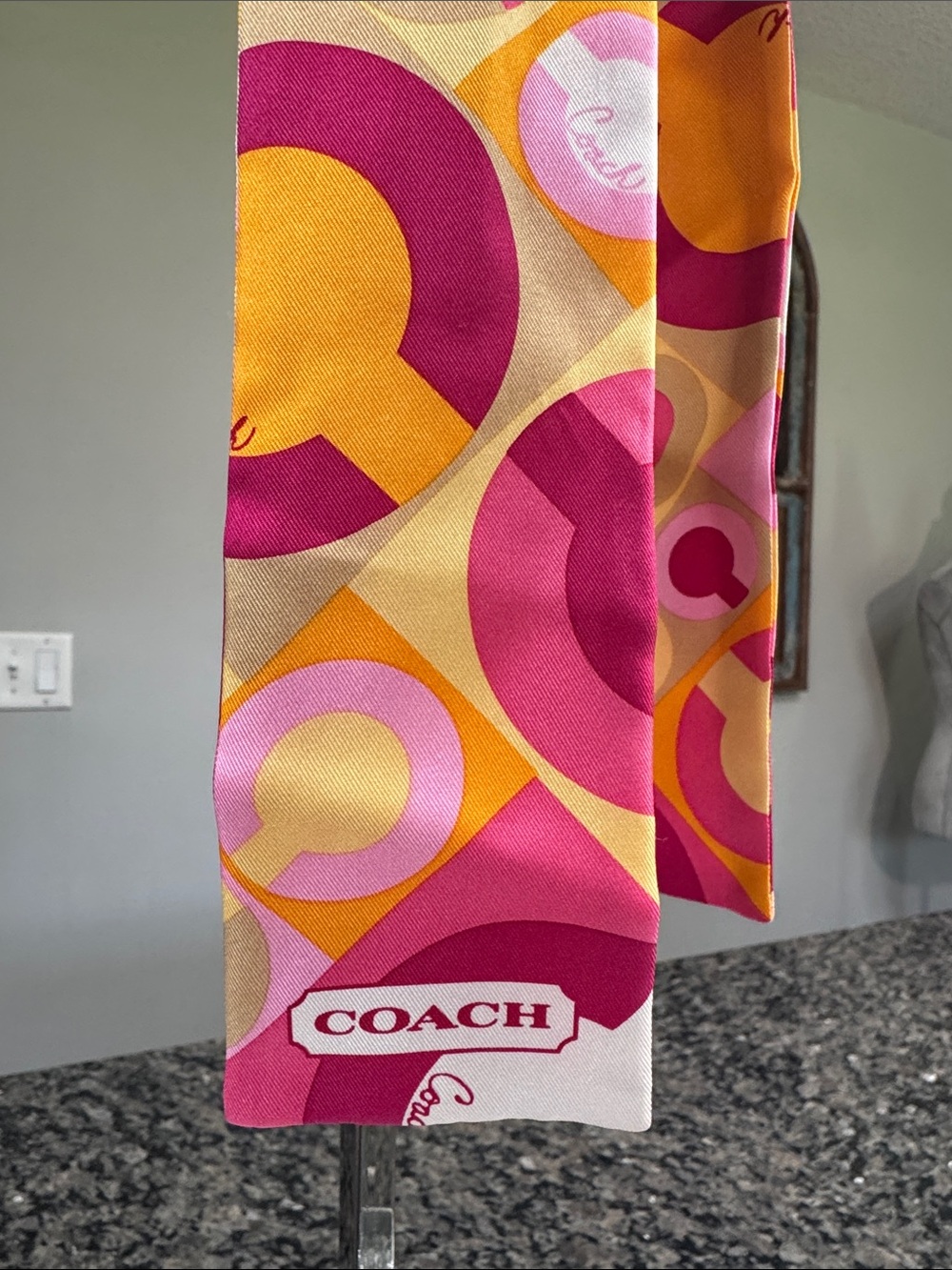 Coach silk twilly scarf Pink, Yellow & Orange Graphic Signature Scarf EUC